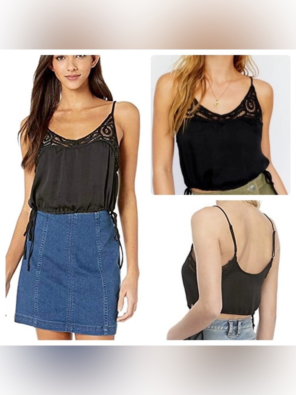FREE PEOPLE NWT - Lace Trim Black Satin Cami Top - Women